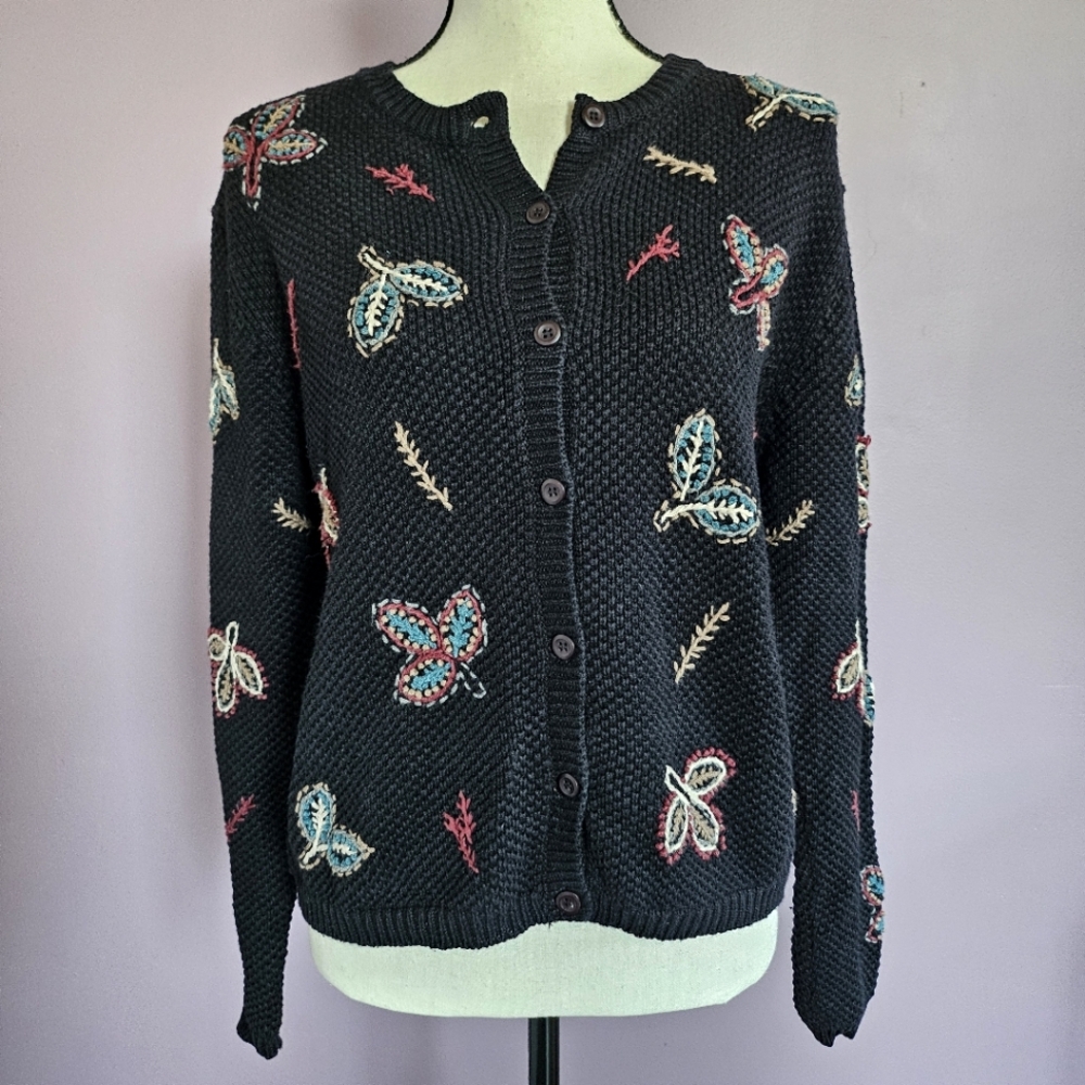Paul Harris Design Vintage Embroidered Autumn Leaf Granny Cottage Knit Cardigan